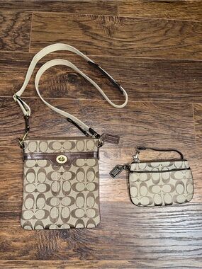 Coach Khaki and Chalk Signature Canvas Crossbody with Matching Wristlet